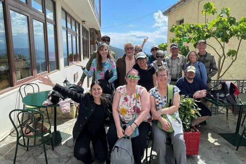 The tour guide with the travelers outside the restaurant where we stopped for a wonderful lunch