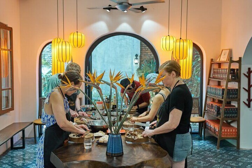 Best Cooking Class in Hanoi with fried spring rolls, Bun Cha (BBQ Pork Noodle), Vietnamese Egg Coffee, Pho Ga (Chicken Noodle), Pho Bo (Beef Noodle), Vietnamese Pancake (Banh Xeo)