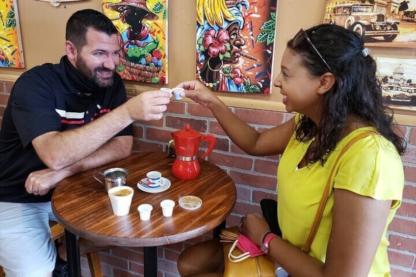 Enjoying fresh brewed Cuban coffee