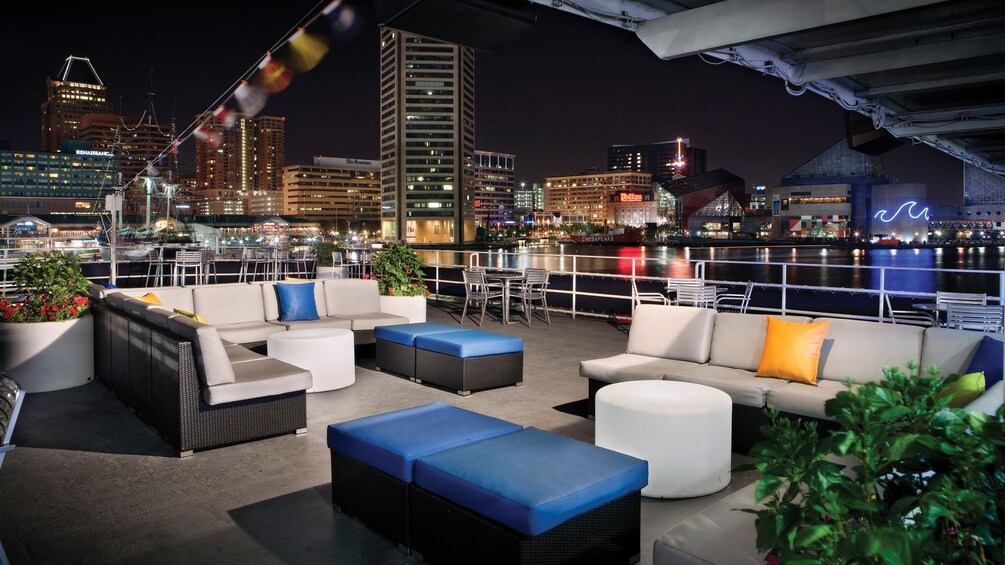 Evening view of the roof top deck on the Spirit of Baltimore cruise vessel 