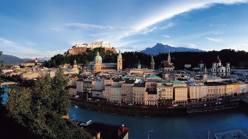 Panoramic view of the city along the river in Salzburg