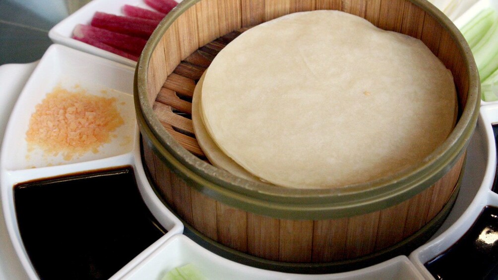 Served moo shu at the banquet show in Beijing