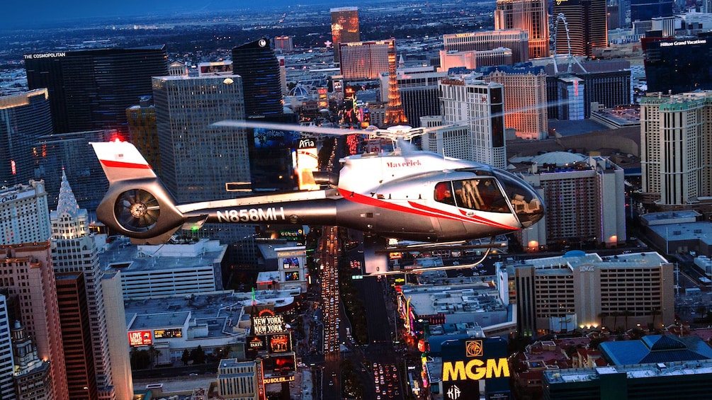 Helicopter in foreground above Las Vegas
