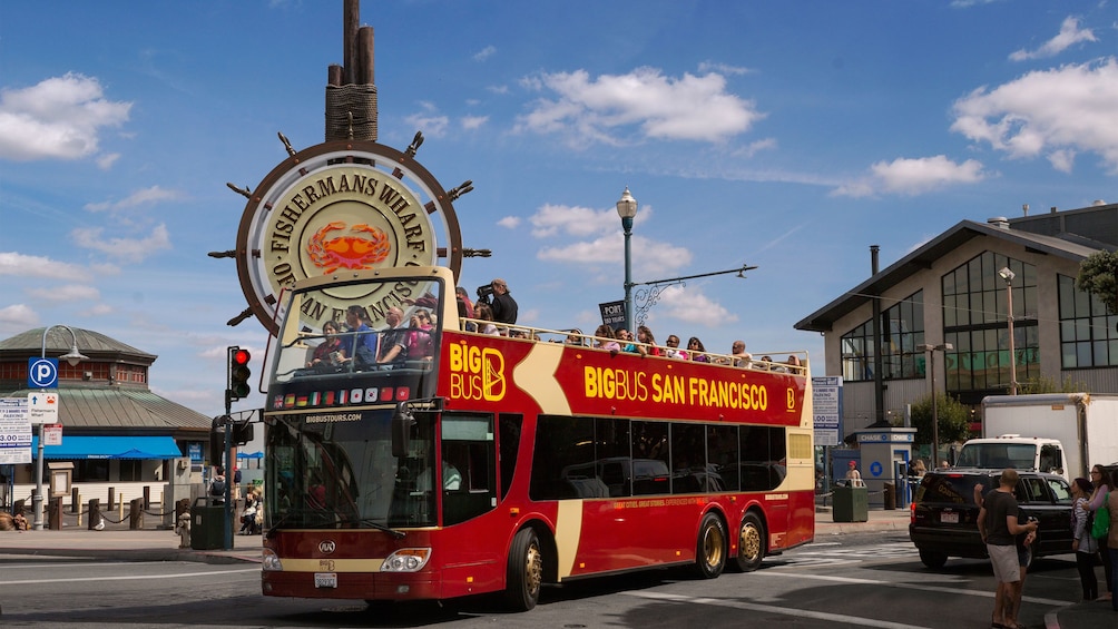 Sightseeing bus at Fishermans Wharf in San Francisco