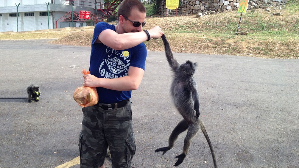 man with monkey in kuala lumpur