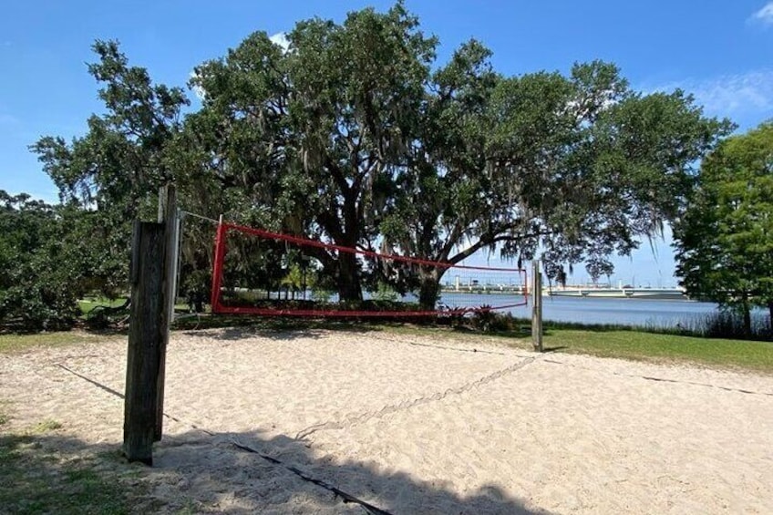 Borrow a volleyball and enjoy some time on the sand court right in the park by the lake.