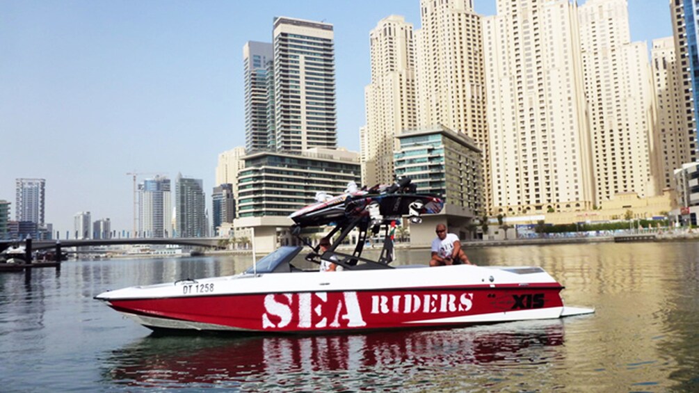 Wakeboarding boat on the water in Dubai