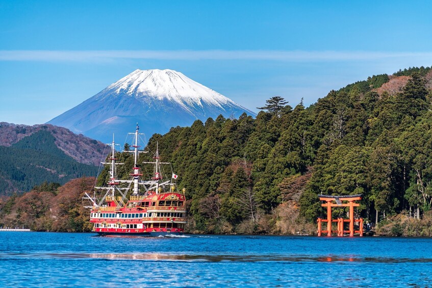 Boat on the water in Japan with Mount Fuji in the background