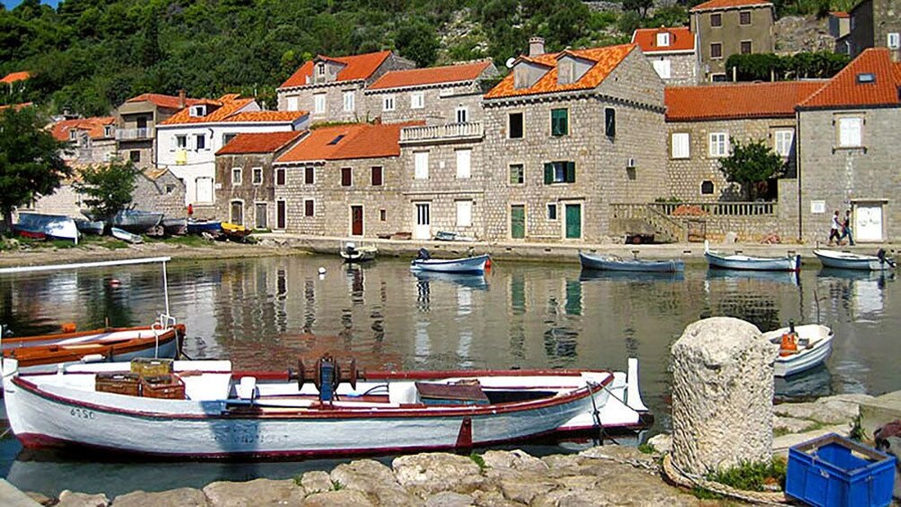 Small boats docked at the bay in Elaphite Island