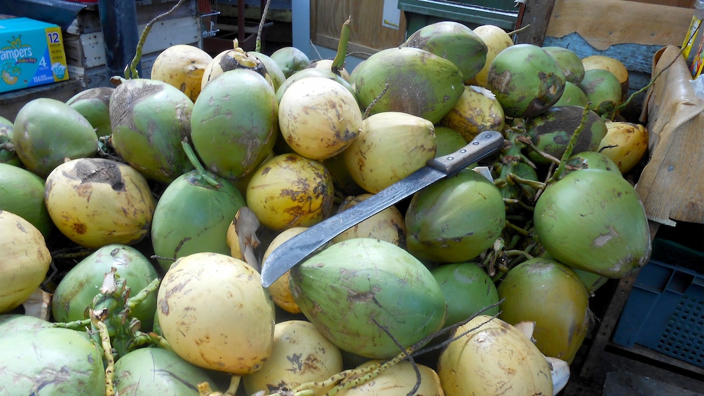 Coconuts being sold at St. George's marketplace in Grenada 