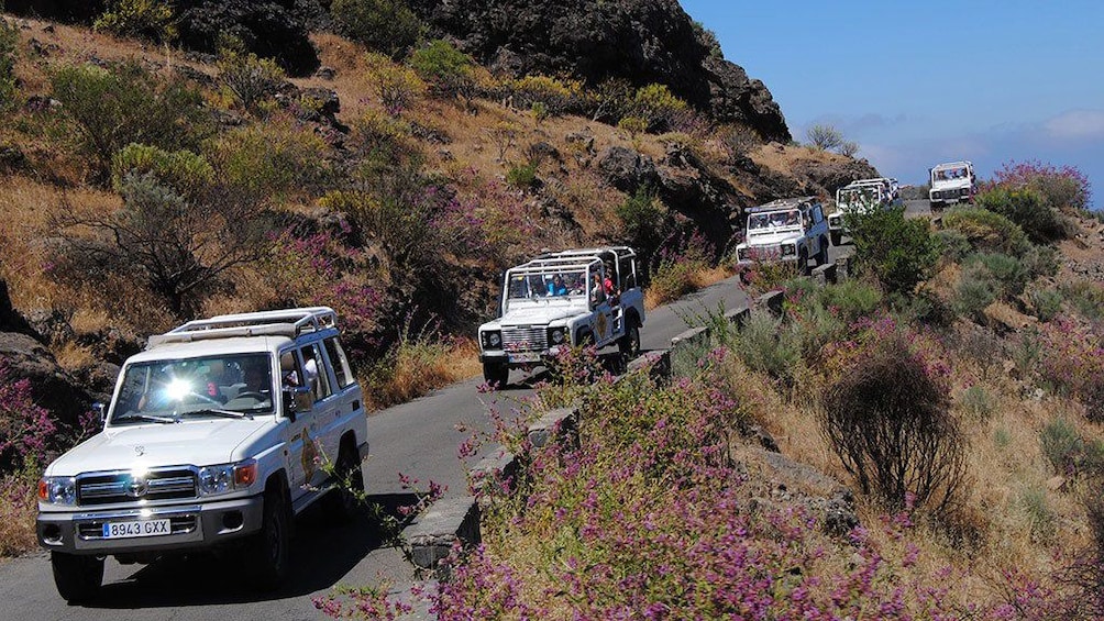 Line of jeeps on a hillside road in Gran Canaria