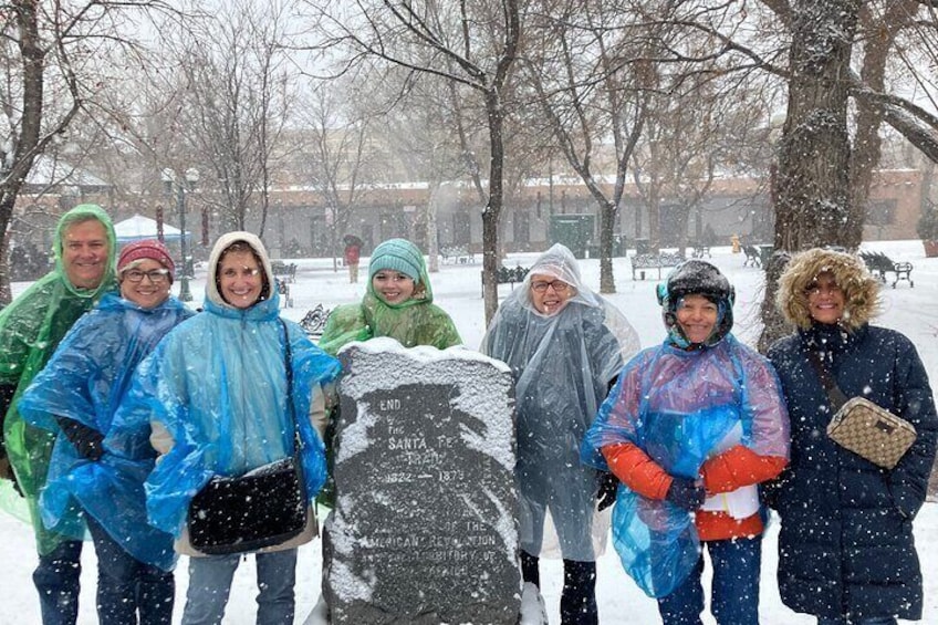 Great group this morning during a snowstorm in front of the Santa Fe Trail marker in the plaza. Arriving in 1822, the Santa Fe Trail was the second route to make it's way to the capital city.