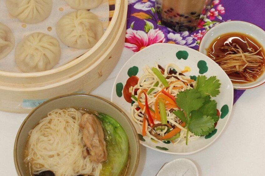 Taiwan Traditional Delicacies Experience, Xiao Long Bao, Chicken vermicelli with mushroom and sesame oil, Tofu strips salad, Bubble milk tea.