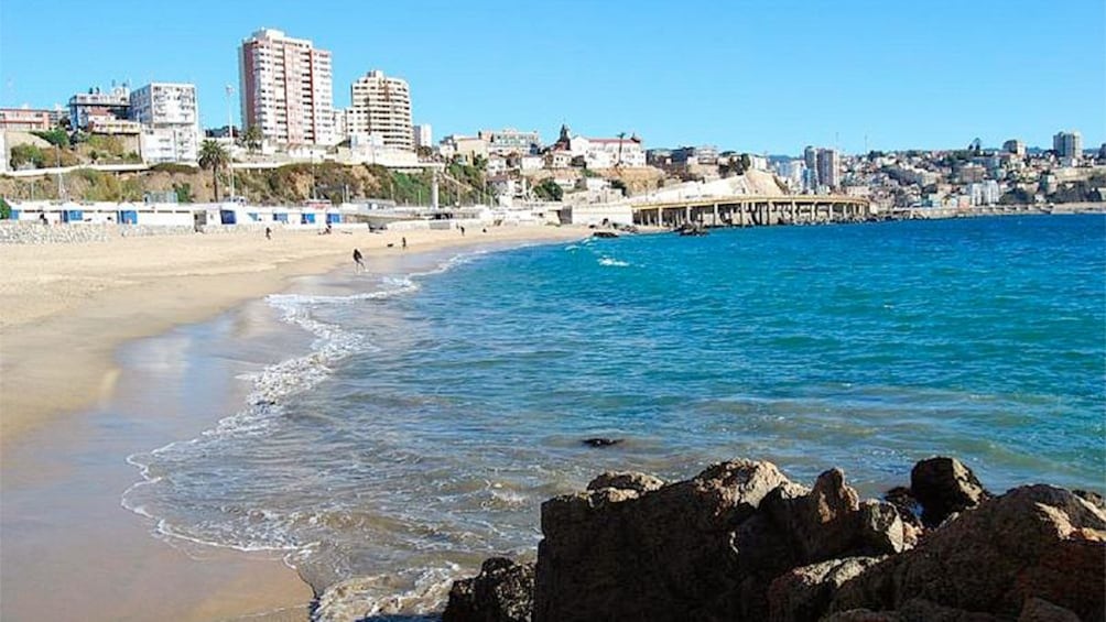 Beach view with tall buildings in the distance.