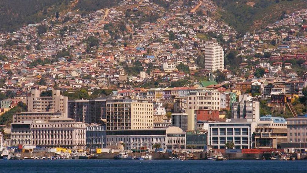 Aerial view of the city with several buildings in view.