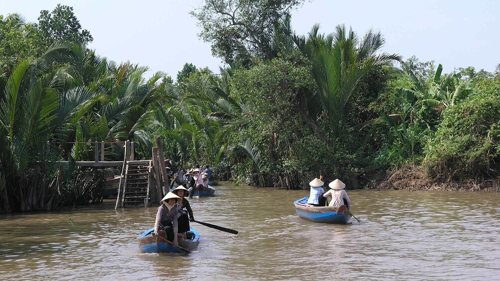 Group on a river float in Vietnam