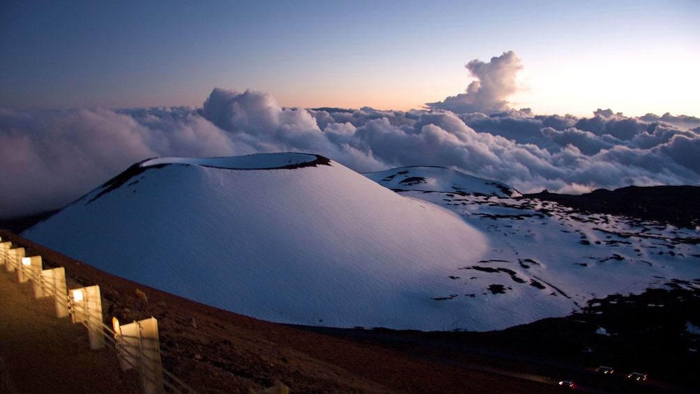 Snow covering the top of the Mauna Kea volcano in Hawaii