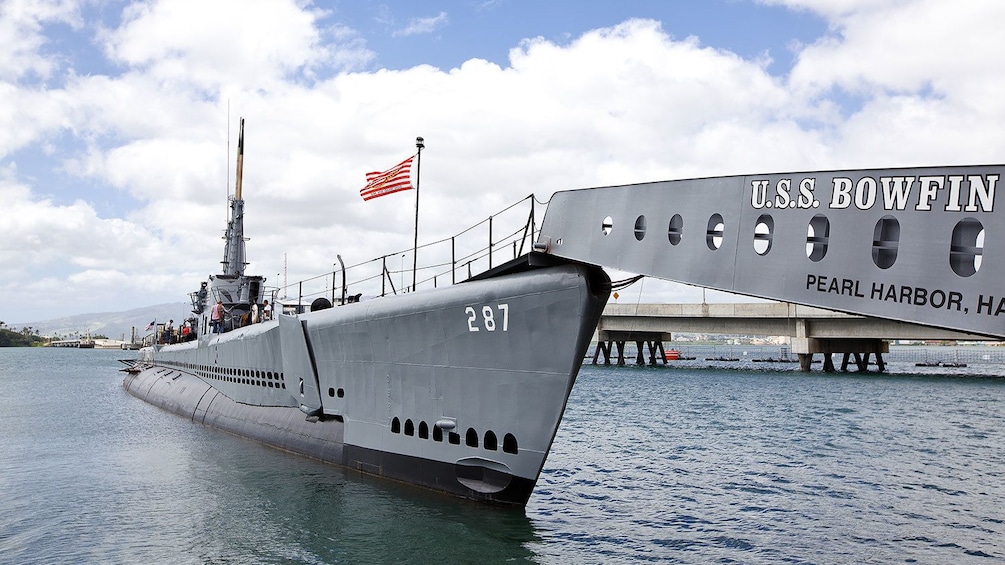 Docked World War two submarine at Pearl Harbor museum in Hawaii