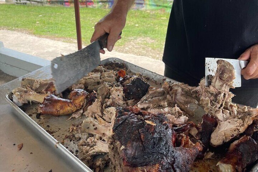 chopping up the pig
