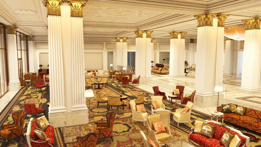 Lobby with interior seating in Palazzo Versace Hotel in Dubai