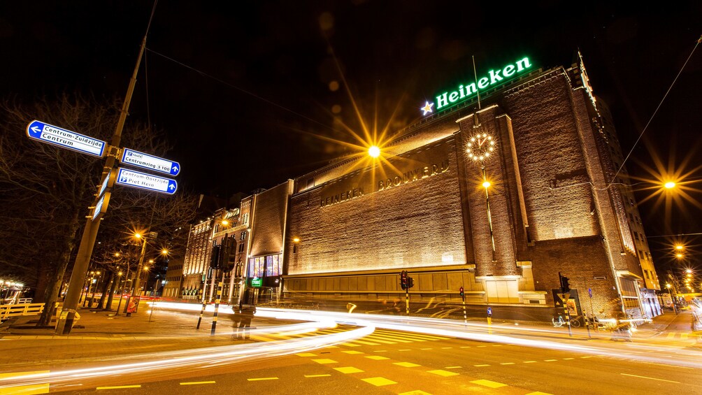 Exterior view of Heineken brewery at night in Amsterdam