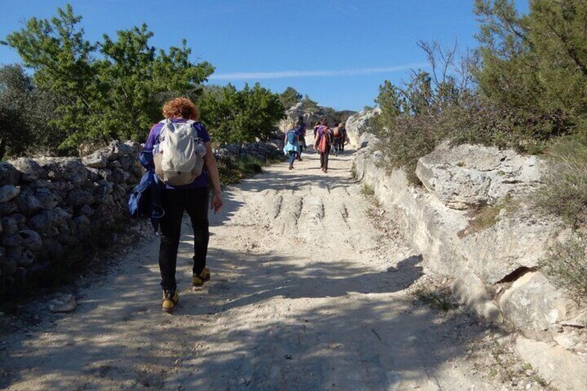 Along the ancient mule track carved into the rock.