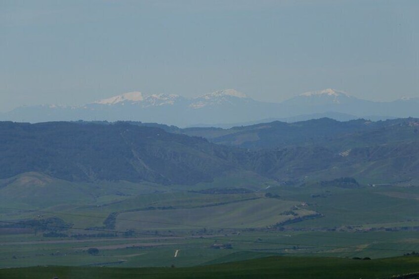The snow-capped Pollino massif seen from Matera.