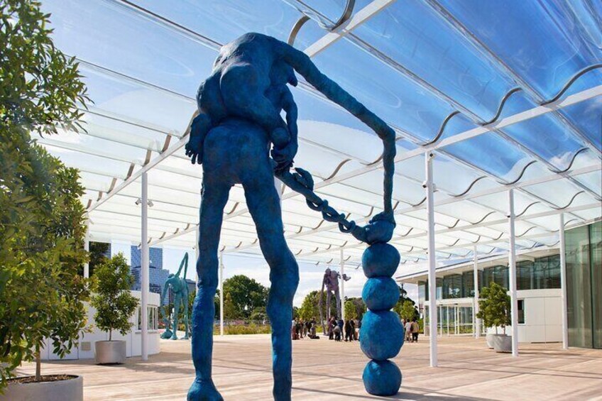 Welcome Plaza, with commissioned artworks, 'Here comes everybody' by Frances Upritchard outside the Naala Badu building of the Art Gallery of New South Wales