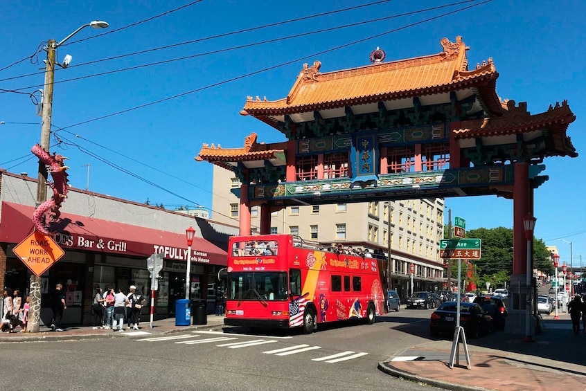 Hop-on hop-off bus in International District in Seattle