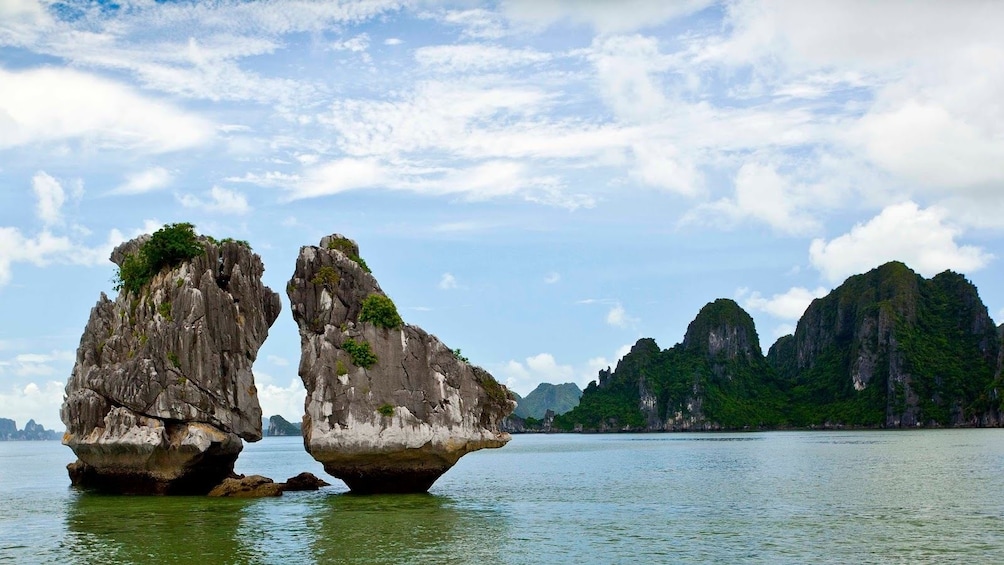 Two large rock formations in Halong Bay