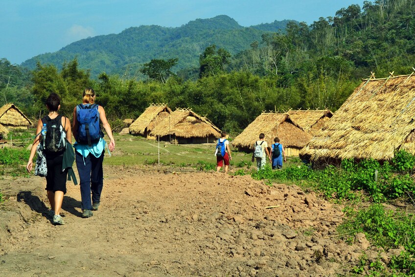 Group walking through a local village of Luang Prabang