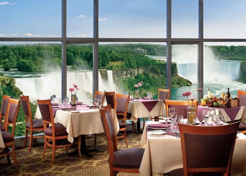 Restaurant dining tables looking out at Niagara Falls