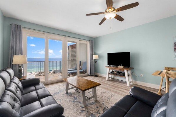 Living Area with Ocean Views, Flat Screen TV and Private Balcony Access