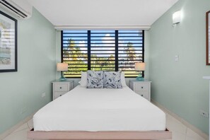 The well appointed bedroom has a queen-sized bed.