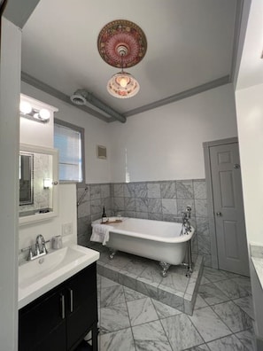 Marble Covered Bathroom with Original Clawfoot Tub and Handpainted Ceiling Medallion