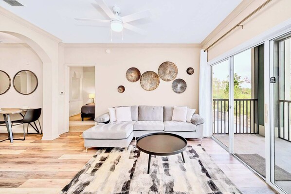Modern living room with patio access