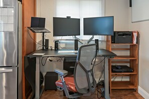 Electric Standing Desk with 2 27" HD Monitors, Monitor Arms, Docking Station