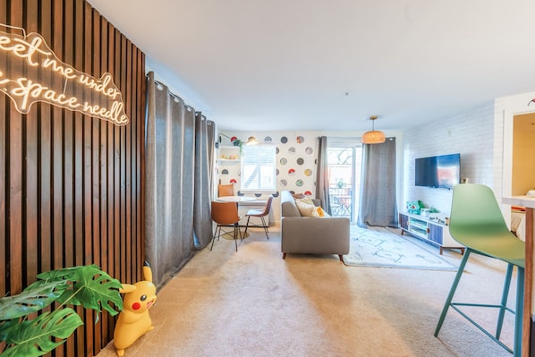 Our living and dining area adorned with charming Pokémon accents.