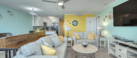 The ocean front living room is fabulous for movie night with the family.