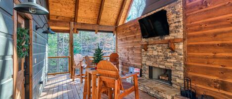 Fabulous Porch with Outdoor Fireplace and 58-inch TV