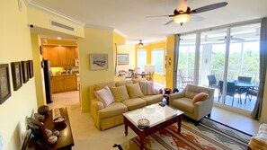 The lounge is light, spacious & decorated in warm tropical colors.