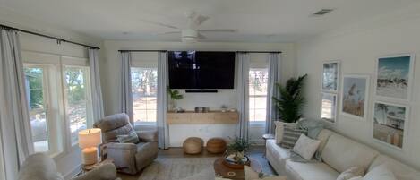 Living area with 75" Smart TV and DVD Player