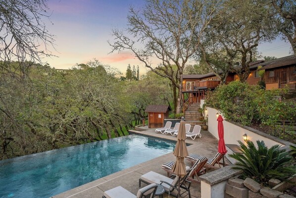 Saltwater, infinity-edge pool. Gas-heated to be comfortable all year.