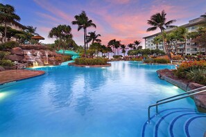 Oceanfront pool at sunset.