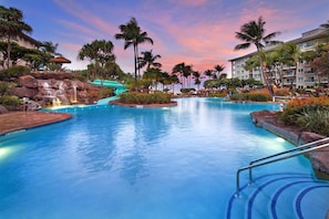 Oceanfront pool at sunset.