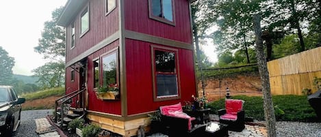 Front of tiny house and patio area