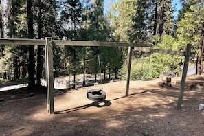 Playground set with swings and horseshoe pit.