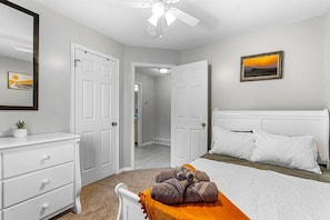 Full sized bed and dresser and closet