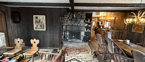 Den, Dining Room, Fireplace & Kitchen