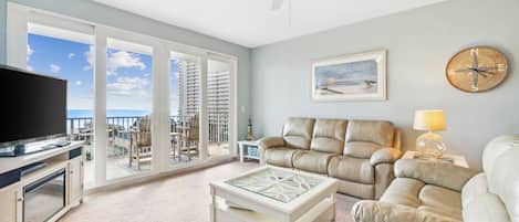 Living Area with Gulf Views, Private Balcony Access and Flat Screen TV